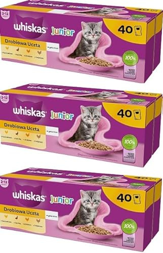 Whiskas Junior Geflügel Auswahl in Gelee, 120 Portionsbeutel à 85g (3-er Pack) – Hochwertiges Katzenfutter nass, für heranwachsende Katzen