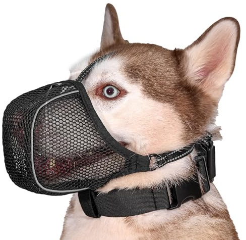 Arblina Hundmunkorg, mjukt nät andas munkorg för små, medelstora och stora hundar, halkfria justerbara munkorgar med tre remmar och ljusreflekterande inträde, svart, L