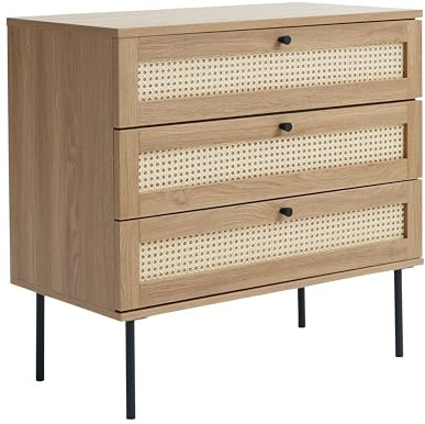 Rattan Kommode, Kommode mit Schubladen, Metallbeine, Kommode Schlafzimmer, Schubladenkommode mit Viel Stauraum, Komodenschrank für Schlafzimmer, Wohnzimmer, Flur, Büro 80x75x40cm