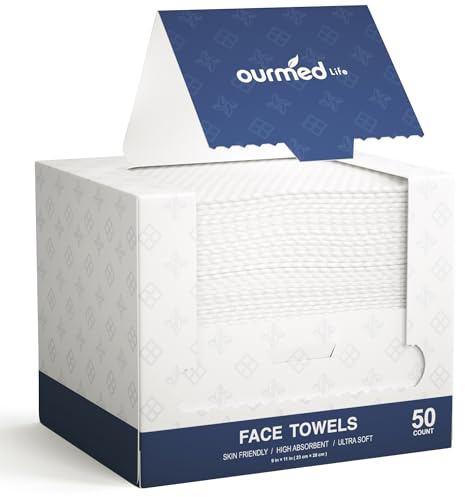 Ourmed Life Biodegradable Face Towels, Disposable Face Towel – Ultra-Soft Facial Towelettes, Lint-Free Dry Wipes for Sensitive Skin, Ideal for Makeup Removal & Skincare (50 Count, 1 Pack, 11×9)