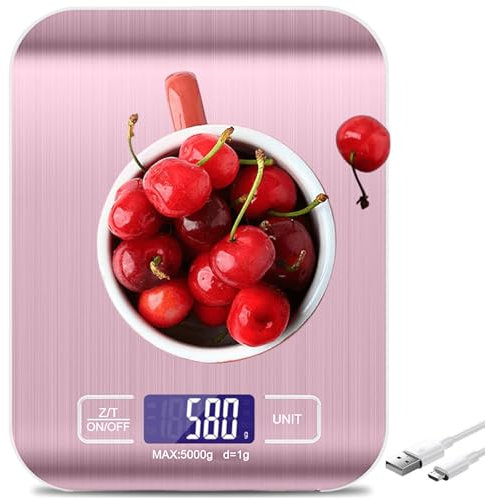 Balance de cuisine numérique : 10 kg/1 g, rechargeable par USB, avec écran LCD et fonction tare - Balance de cuisine professionnelle multifonction avec câble de charge (rose)