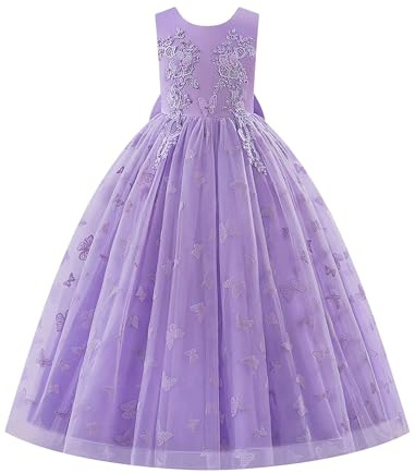 IWEMEK Abito da sposa per bambini senza maniche abito in tulle ragazza battesimo comunione compleanno sera compleanno festa di sposa con ricamo farfalla, viola., 150 cm