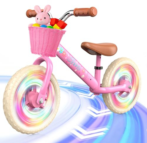 HappyGoLucky Draisienne 2-5 Ans, Draisienne Evolutive – Roues Lumineuses/Hauteur Réglable/Panier Tressé, Jouet Cadeau Fille 2 3 4 5 Ans Cadeau Anniversaire Fille Jouet Exterieur Velo Enfant Rose