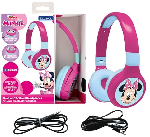 LEXIBOOK Minnie, 2-in-1 Bluetooth Headphones for Kids, Stereo, Wireless, Wired, Kids safe, Foldable, Adjustable, pink/blue, HPBT010MNLXB