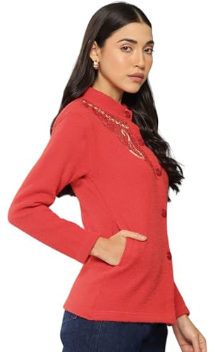 Aarika kofta av ull, broderad, beige, för kvinnor, röd, M