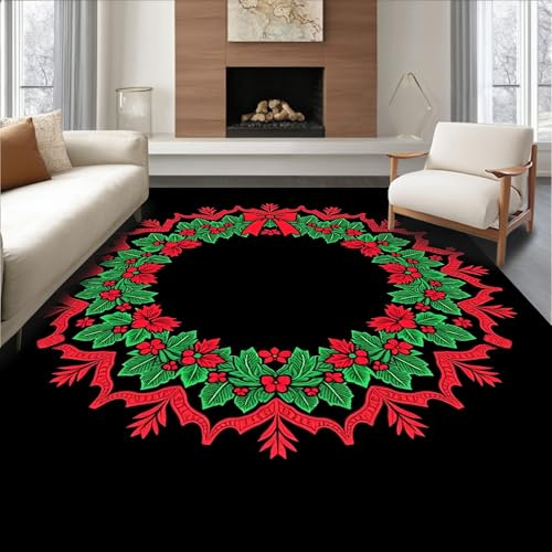 ODIKA Flatwoven High Traffic Area Rug 4x6, Festive Wreath Punch Needle with Holly and Berry Motifs, Non Slip, Stain Resistant, Washable Area Rugs for Living Room, Bedroom (Red, 4x6)
