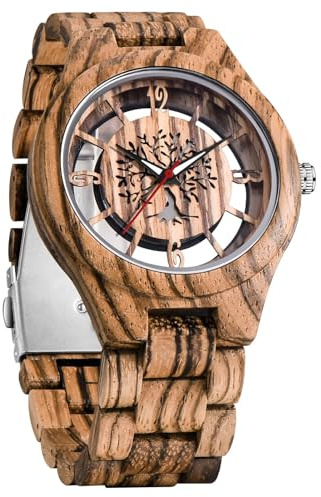 Tiong Montre en bois et bambou pour homme - Géométrique inversée - Montre analogique à quartz pour homme - Fabriquée à la main