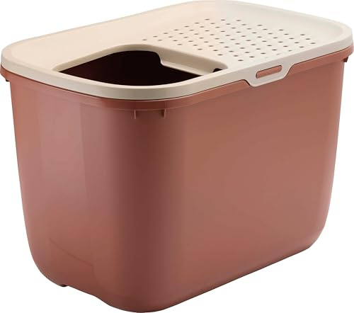 bac litiere pour Chat - Savic Hop in Tuscany - Rose/Terracotta - entrée par Le Haut - Design Moderne - Anti-éclaboussures - parois Hautes - 58,5x39x39,5 cm