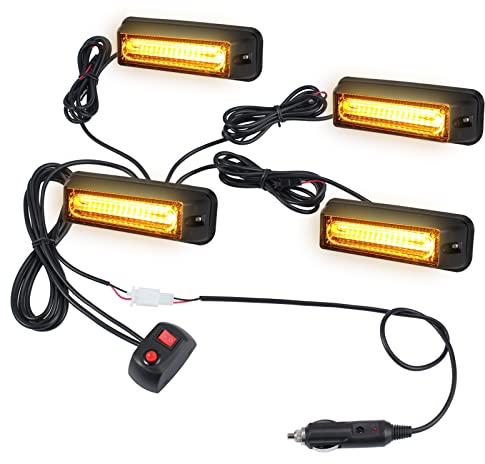 Justech 4PCS COB Recovery Lights 12V 24V Hazard Warning Light Amber Warning Beacon Emergency Grill Lights 18 Flash Modes with Car Cigarette Lighter for Vehicle Truck Trailer Caravan Van Lorry Tractors