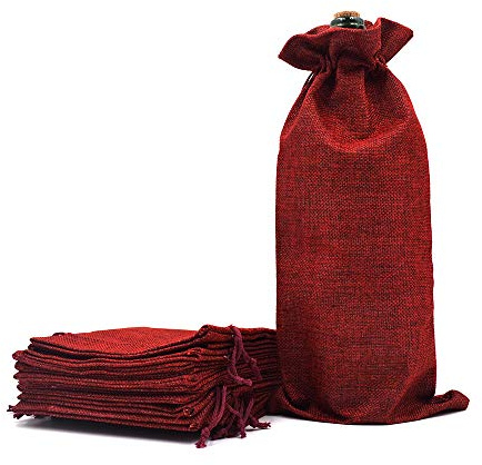 Bezall 10Pcs Burlap Wine Bags, Jute Drawstring Wine Gift Bags for 750ml Liquor Bottles, Champagne Bottle Covers for Christmas, Wedding, Birthday, Blind Tasting, Holiday Party (Burgundy)