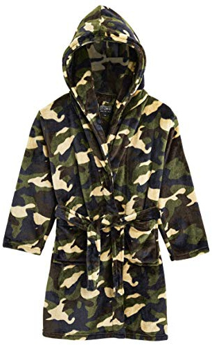 CityComfort Dressing Gown Kids Fleece Robes with Hoodie and Pockets for Boys (13-14 Years, Green Woodland)