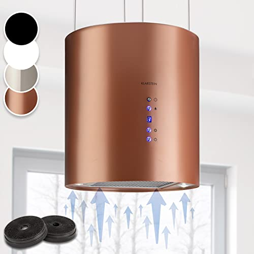 Klarstein Hotte Aspirante Ilot Central de Cuisine Silencieuse et Design, Débit d'air 558m³/h, Minuteur, 3 Modes, Hotte Aspirante Suspendue Sans Evacuation et Filtres à Charbon Actif, Hotte à Recyclage