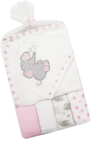 Baby Girl Boy Hooded Towel Flannel Face Cloths Wash Bath Time 5 Piece Set (Pink)
