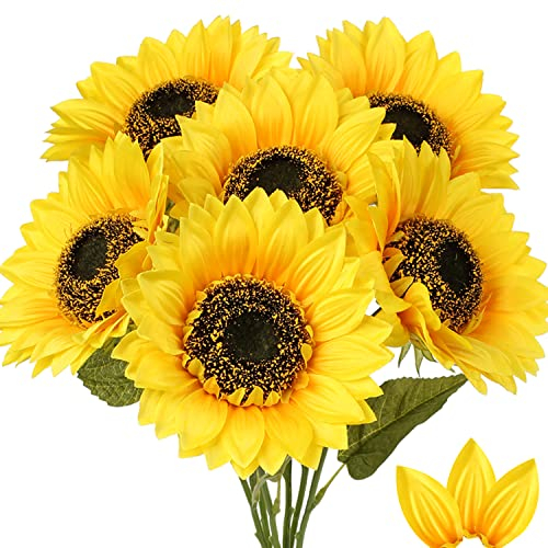 Künstliche Sonnenblumen Kunstblumen Groß Dekorative Seidenblumen Kunstpflanzen Sunflowers für Hochzeit Party Tischdeko Dekoration (7 Zoll Blüte)