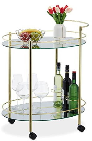 Relaxdays Servierwagen, Küchenwagen mit 2 Ebenen & Flaschenhalter, HxBxT: 79 x 45 x 65,5 cm, aus Metall & Glas, Messing