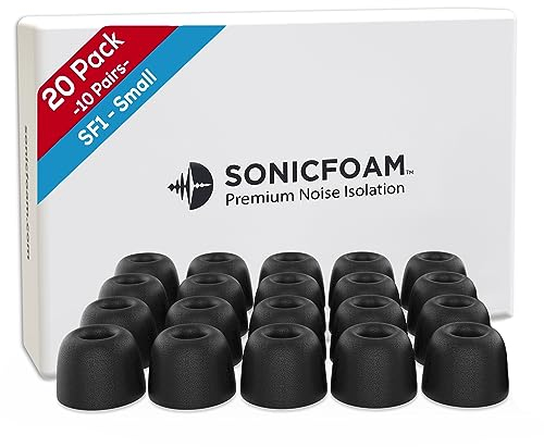 SONICFOAM Lot de 20 Embouts en Mousse à mémoire de Forme – Isolation sonore de qualité supérieure – Embouts de Rechange en Mousse pour écouteurs Intra-Auriculaires (SF1, Taille S, Noir)