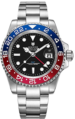 Luxus Herren GMT Automatikuhr Saphir Wasserdicht Edelstahl Leuchtende Business Uhr, rot, blau, Luxuriös