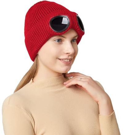 ANCEER Strickmütze Herren Beanie Mütze mit Abnehmbarer Schutzbrille, Winddichte Thermo Weiche Fleecefutter Unisex Wintermütze weich & warm Rot