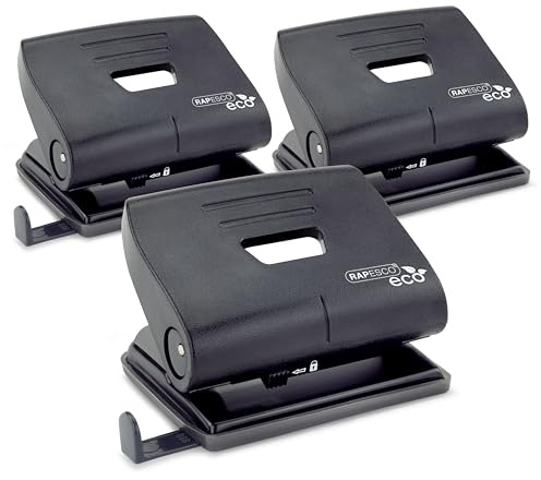 Rapesco 1757 ECO 2-Hole Punch, 22 Sheet Capacity, Black, Pack of 3