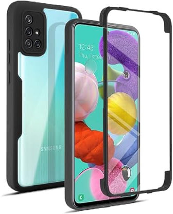 Orgsty Funda para Samsung Galaxy A71, Transparente Carcasa con Protector Pantalla Integrado y Protección de Cámara 360 Grados Antigolpes Suave Silicona TPU Carcasa, Negro