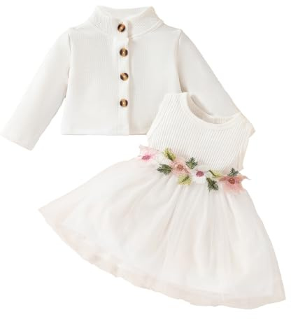 JiAmy Vestido de niña para bebé, sin Mangas Flores tutú Vestidos y Manga Larga cárdigan de gofre 2 Piezas Boda Fiesta de Cumpleaños Conjunto para niñas de 2-3 años Blanco