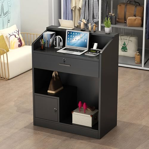 Receptionsdisk, Receptionsdisk med Låsbar Låda, Kassadisk För Detaljhandel, Receptionsbord med Datordisk I Trä, För Bar, Skönhetssalong, Klädbutik
