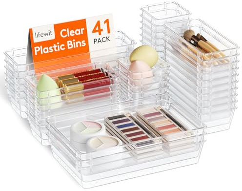 Lifewit 41 Pcs Makeup Drawer Organiser, Plastic Storage Boxes, Dividers for Desk, Vanity, Dressing Table, Cupboard, Office Bedroom Accessories, Kitchen Storage& Organisation, Room Decor