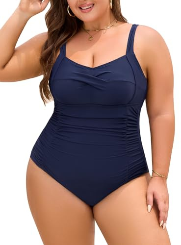 Nadeer Bañador Mujer Talla Grande Reductores Traje de Baño de Una Pieza Push Up Sexy Cuello en V Swimwear Swimsuit para Natacion Playa L-4XL(Azul Marino,4XL)