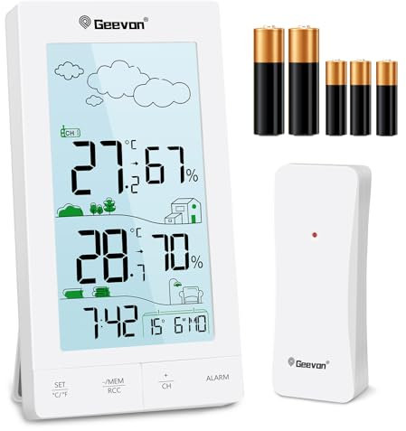 Geevon DCF 5593 Station météo sans fil avec capteur extérieur, thermomètre numérique pour l'intérieur et l'extérieur, température intérieure et extérieure, radio avec prévisions météorologiques