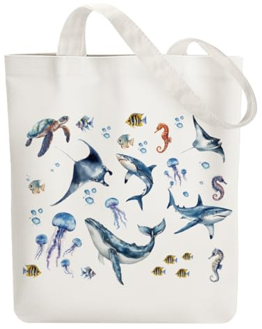 ANATTASOUL Bolsa de Tela Impresa Animales marinos con tiburón, Tote Bag Tela Mujer,Shopper Algodón 38 * 40cm, Beige Bolsa de Transporte para Mujer, Saco Tote Bag de Lona Regalo