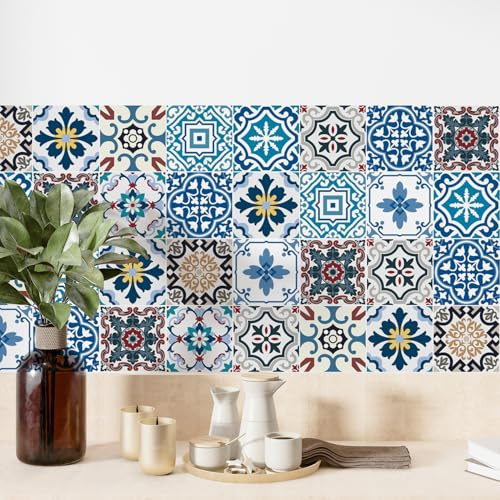 meihea 30 Pack, 4x4 Inch Eclectic Mediterranean Tile Stickers, Colorful Mosaic Peel and Stick Vinyl for Backsplash, Stairs & Furniture Decor