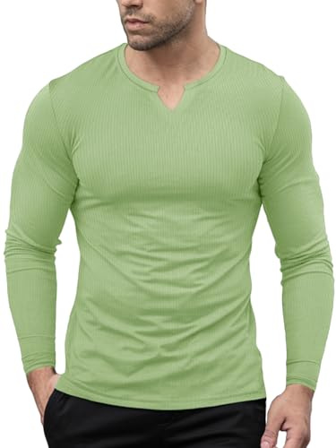 Agilelin Män, muskelskjortor, snygga långärmade slim fit, V-ringning, t-shirt, basic, termoundertröjor, Långärmad grön, M