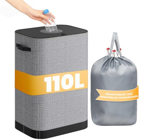 AIUNAOM 105L Raccoglitore di Bottiglie con Coperchio,Raccolta differenziata Interno con Borsa Interna Rimovibile, Contenitore per Pegni con Foro,per Bottiglia e Bottiglie di Plastica,Grigio
