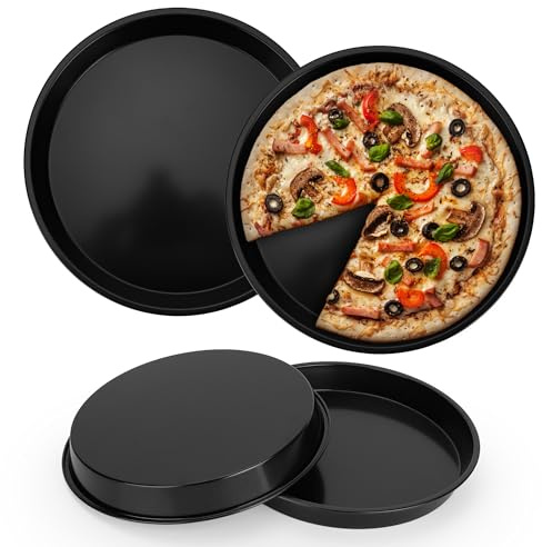 WeeGoo 4 PCS Black Round Pizza Baking Trays, 10 Inch Non Stick Pizza Oven Pans, Black Carbon Steel Tray for Roasting Serving Home Kitchen
