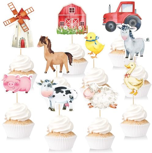 CHarmeFleur 40 Piezas de decoración de Animales de Granja para Cupcakes decoración para Fiestas temáticas de Granja cumpleaños