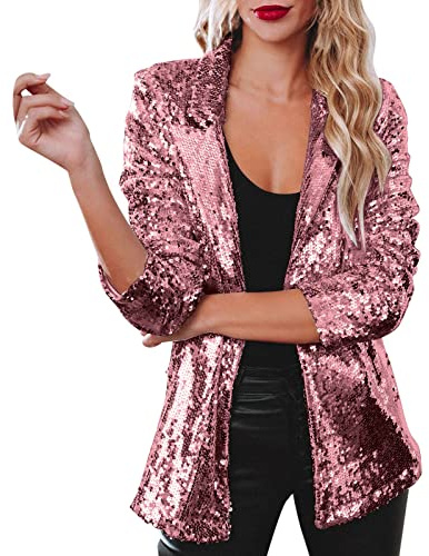 Generisk glitter blazer dam, paljettjacka dam kavaj, kavaj, elegant paljettjacka, festliga ytterkläder, glittrande karnevaldräkter, ravekavaj, lediga toppar, fest, bomberjacka, Het rosa, M