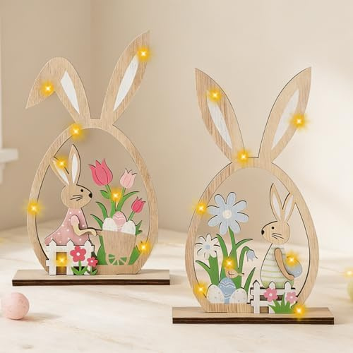 2 Stück Ostern Deko Hase Holz Sterhase Deko aus Holz Deko Aufsteller für Ostern Osterdekoration Garten Osterhasen-Paar mit Colourful Blume Ostern Geschenke Frühling Dekoration