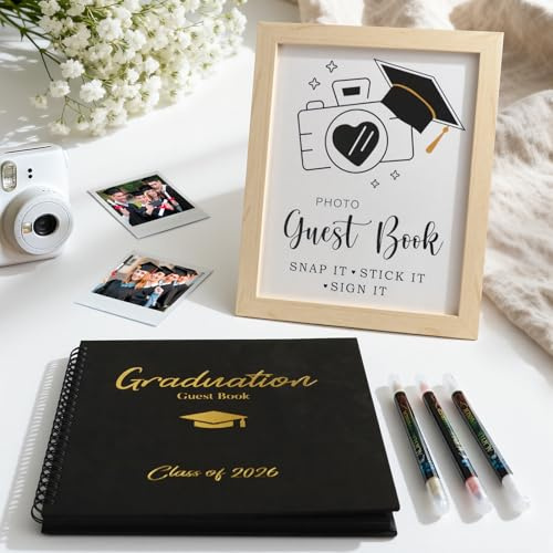 2026 Graduation Decorations - 30 Pages Graduation Guest Book with Photo Sign and 3 Markers - Class of 2026 Graduation Gifts Graduation Decor Party Favors Supplies for Kindergarten High School College
