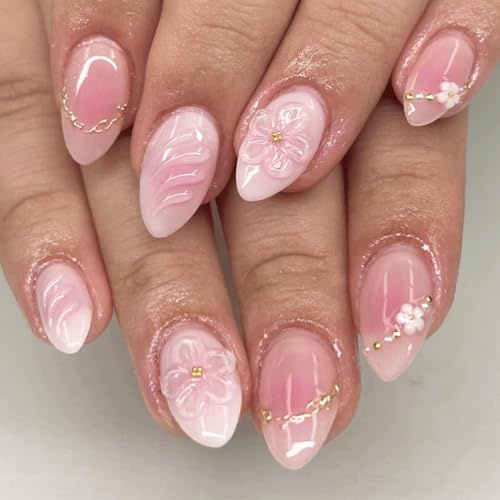 Ceriselle Press-on Nails, 24 Pieces Flower Press On Nails, Short Almond Fake Nails with Goldgemstone Design, Pink Spring Nails, Full Coverage for Women