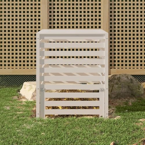Compostiera in legno di pino massiccio, bianco, 82,5 x 82,5 x 99,5 cm, con coperchio e coperchio, contenitore per compost per rifiuti da giardino, rifiuti biologici, foglie e prato, con buona
