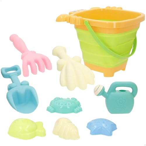 ColorBaby Color Beach Set Cubo de Playa Plegable, Juguetes Playa niños, Playa y rastrillo, Juguetes Arena, con Pala y rastrillo, Regadera, Moldes de Arena (39703)