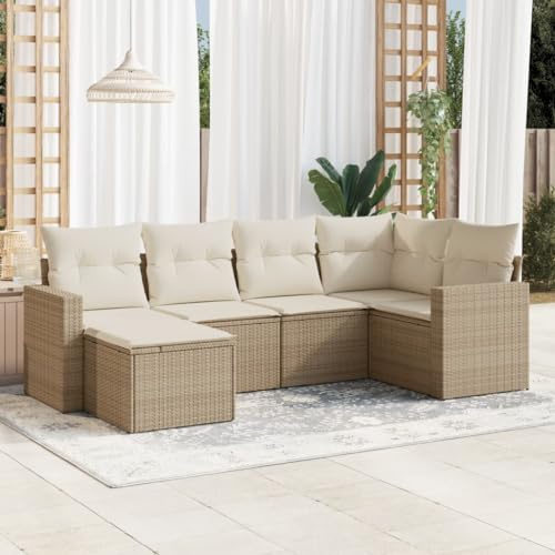 GeenYuu Salon de Jardin 6 pièces en résine tressée Beige avec Coussins Amovibles, Ensemble modulable pour terrasse, Balcon ou Patio, mobilier extérieur Confortable avec Assise et Banquette Angle