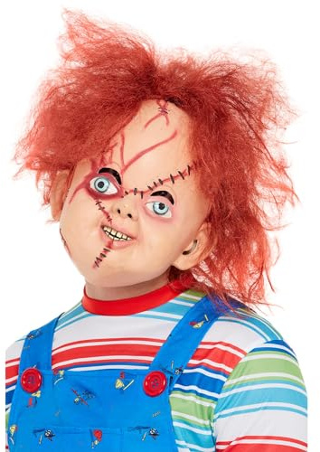 Smiffys Chucky Latex Mask for Adults, Full Overhead Mask with Stitch Detail, Officially Licensed, Scar Detail and Built-in Hair, Perfect for Halloween and Matching Costumes