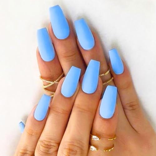 Brishow Coffin Matte Ballerina Acrylic Stick-On Nails - Artificial Full Cover Press-On Set, 24Pcs for Women and Girls (Blue)