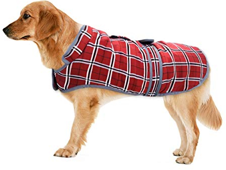 Eastlion Winter Hundemantel Warm Kariert Hundejacke Hunde Kleidung Bekleidung Weste mit Geschirr für Kleine Mittelere und Große Hunde,Rot,2XL