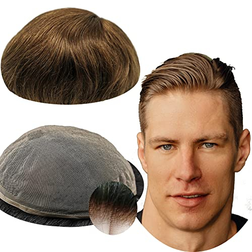 Echthaar Toupet für Männer,Yanahair Glattes Haar dünne französische Spitze Gebleicht Knoten natürlichen Haaransatz Perücken Haarsystem Europäische Echthaar Toupet Perücke Mann(10x8,#4 hellbraun)