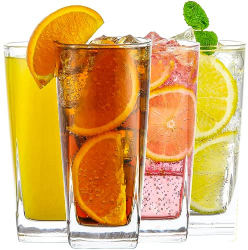 Everyday Drinking Glasses Set of 4 Drinkware Kitchen Collins Glasses for Cocktail, Iced Coffee, Beer, Ice Tea, Wine, Whiskey, Water, 4 Tall Glass Cups, Square Glassware Sets