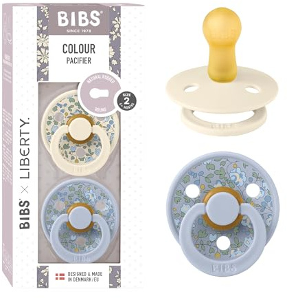 BIBS Liberty Dummies | 2 Colour Natural Rubber Latex Soothers | BPA Free Dummy | Round Nipple Pacifier | Designed & Made in Denmark | Eloise Dusty Blue | Size 2 | 6+ Months