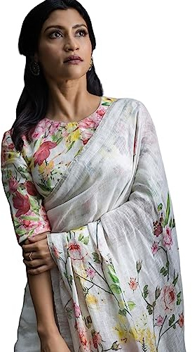 C J Enterprise Sari de fiesta de algodón tejido para mujer con blusa (lilen-algodón), blanco, talla �nica
