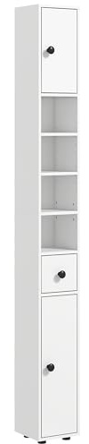 kleankin Meuble Colonne Salle de Bain Armoire Haute Colonne Fine avec 4 étagères réglables 1 tiroir et 2 placards Design Moderne 20 x 20 x 180 cm Blanc